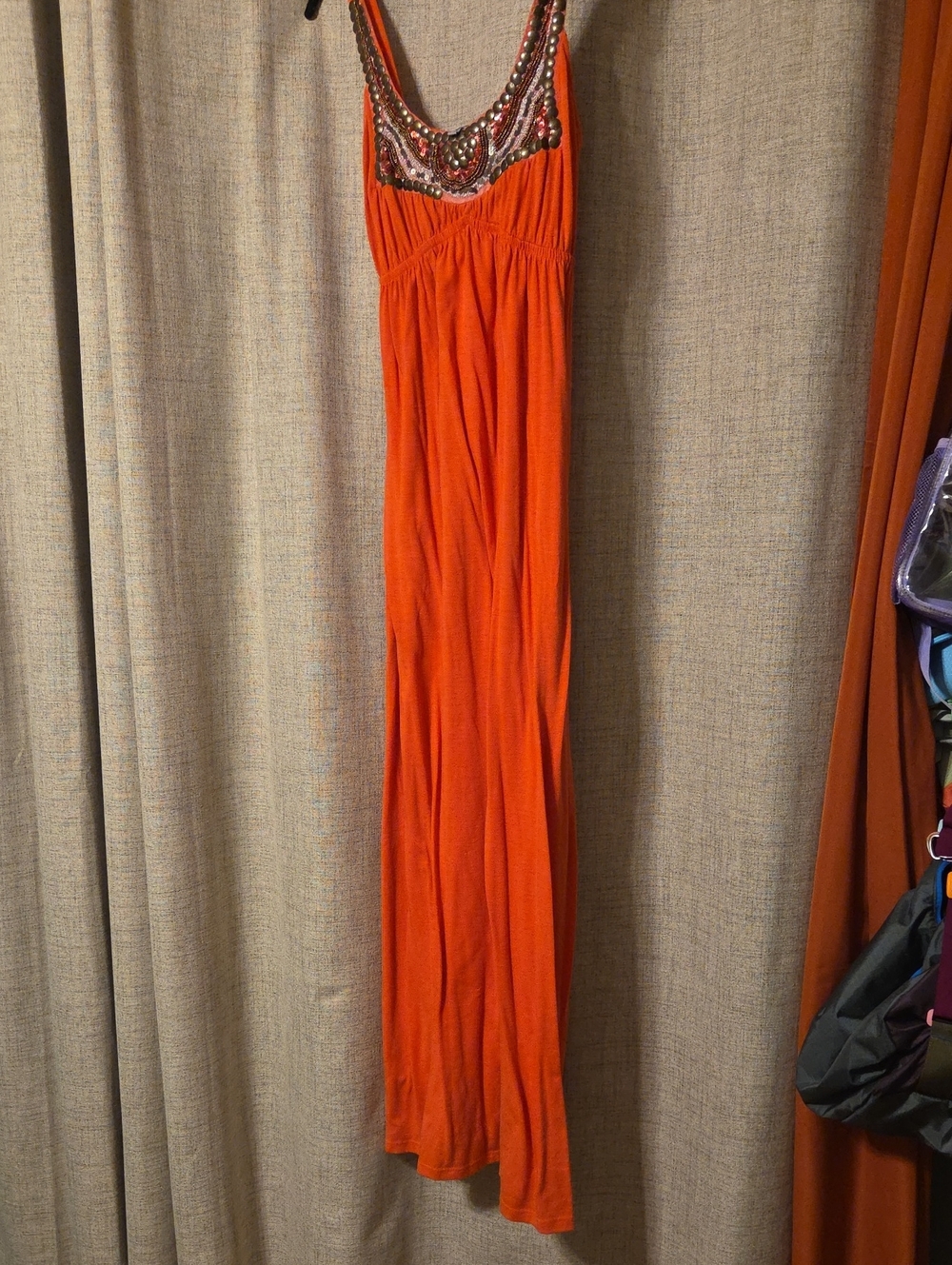 Embellished Coral Maxi Dress with Scoop Neck